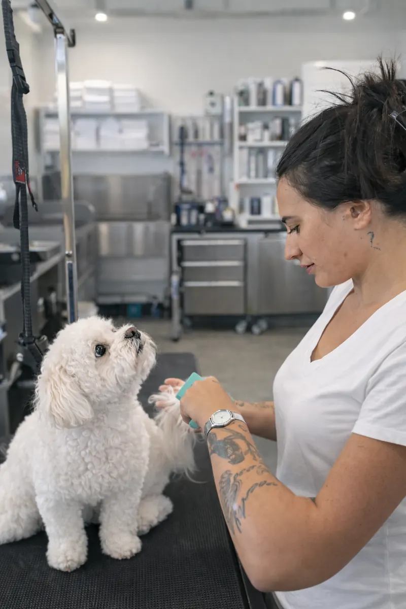A medium dog being blow-dried and brushed during a mid groom session
