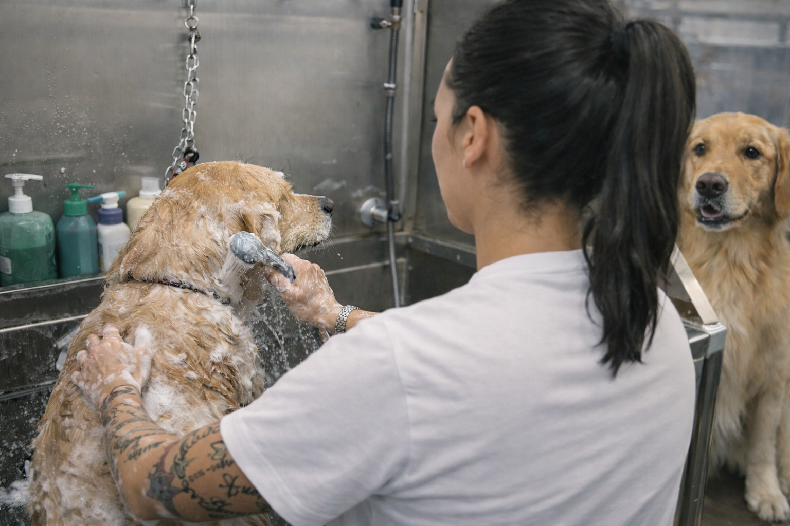 A small dog receiving a mini groom — bath and nail trim at Tūi & Chief